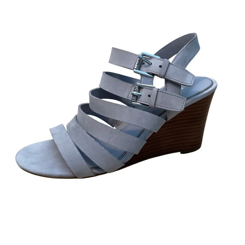Lauren Ralph‎ Lauren Aleigh Strappy Suede Wedge Sandals Grey Lavender 6.5B